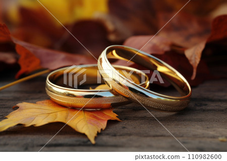 Two wedding rings in fall of the leaf 110982600