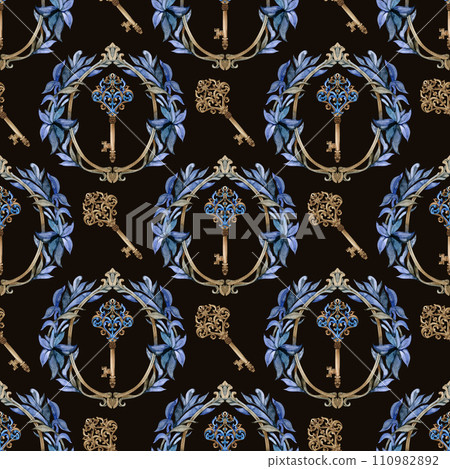 Retro keys seamless pattern. Antiques key cover for your design. Hand painted illustration 110982892