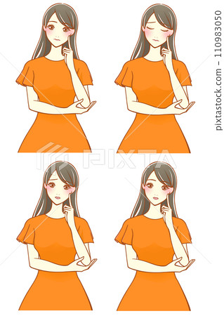 4 types of women thinking with their index fingers on their cheeks (black hair) 110983050