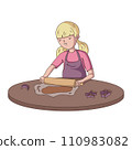 A young girl, a child with light hair wearing an apron, rolls out the dough on the table. A smiling teenager is preparing cookies in the kitchen. Vector illustration in flat style. 110983082