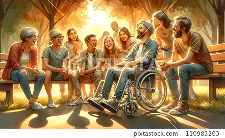 Generative AI The image is of friends enjoying at a park table, one in a wheelchair. Generative AI The image is of friends enjoying at a park table, one in a wheelchair. 110983203