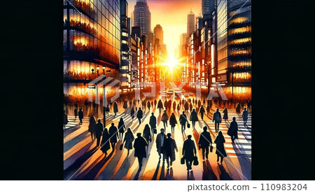 Generative AI The image depicts a busy city street at sunset with many pedestrians. Generative AI The image depicts a busy city street at sunset with many pedestrians. 110983204