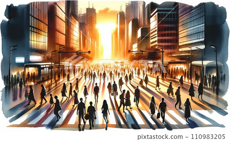 Generative AI The image depicts a busy city street at sunset with many pedestrians. Generative AI The image depicts a busy city street at sunset with many pedestrians. 110983205