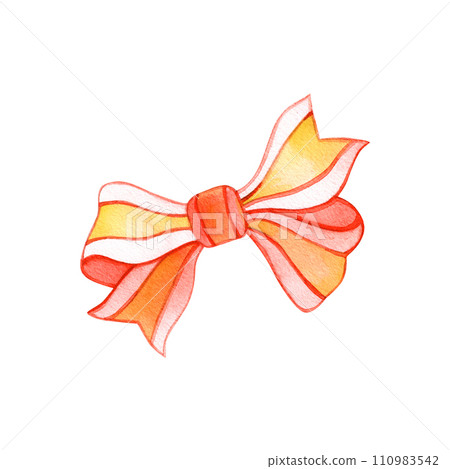 Watercolor present bow. Hand painted gift winter Merry Christmas and Happy New Year, Birthday event isolated illustration, in red, yellow, golden, Watercolor present bow. Hand painted gift winter Merry Christmas and Happy New Year, Birthday event isolated illustration, in red, yellow, golden, 110983542