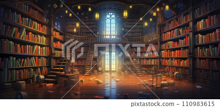 AI-generated content. Enchanted Library Room with Glowing Lanterns 110983615