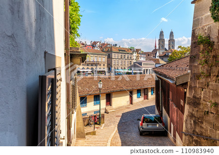 Famous Narrow old street of Zurich, near Grossm nster, Switzerland 110983940