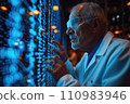 aged man working with futuristic screen interface 110983946