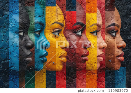background, mural with colorful faces symbolizing unity and diversity 110983970