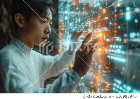 young asian man working with futuristic screen interface young asian man working with futuristic screen interface 110983976