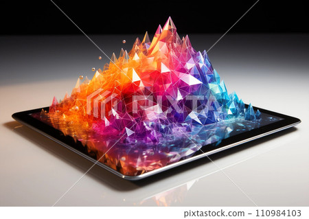Digital tablet and geometric holographic colorful rainbow city 110984103