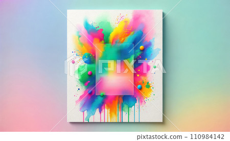 AI-generated content. Mock up top view colorful abstract acrylic painting with dynamic splashes and drips, displayed on a pastel background.Greeting card for Holi festival, birthday,celebrations.  110984142