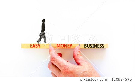 Easy money business symbol. Concept words Easy money business on beautiful wooden blocks. Beautiful white table white background. Businessman hand. Easy money business concept. Copy space. 110984579