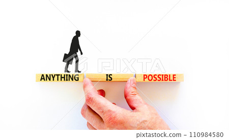 Anything is possible symbol. Concept words Anything is possible on beautiful wooden blocks. Beautiful white table white background. Businessman hand. Business anything possible concept. Copy space. 110984580