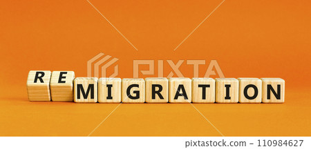 Migration or remigration symbol. Concept word Migration Remigration on beautiful wooden cubes. Beautiful orange table orange background. Business migration or remigration concept. Copy space. 110984627