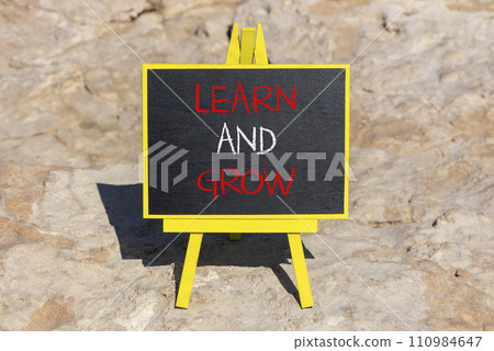 Learn and grow symbol. Concept word Learn And Grow on beautiful black chalk blackboard. Red stone. Beautiful red stone background. Business, education learn and grow concept. Copy space. 110984647