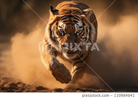 a tiger run in meadow by Generative AI 110984841