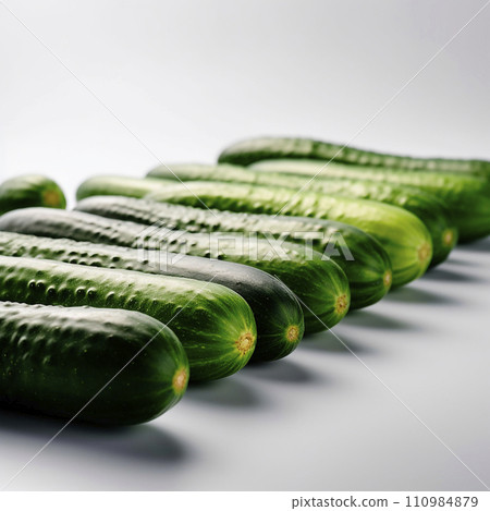 Many identical green cucumbers in a row next to each other on a white background, vegetable wallpaper Many identical green cucumbers in a row next to each other on a white background, vegetable wallpaper 110984879