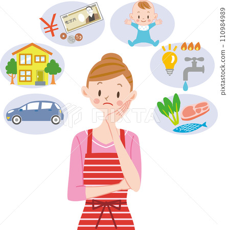 家庭主婦思考家庭財務和金錢的插圖 110984989
