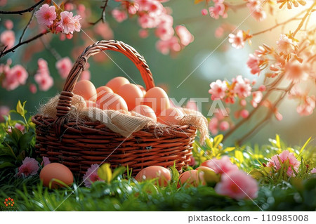 AI-generated content. Easter graphic with a wicker basket full of eggs. 110985008