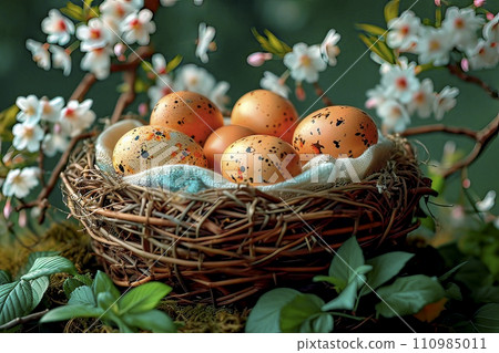 AI-generated content. A small wicker basket filled with mottled chicken eggs. 110985011