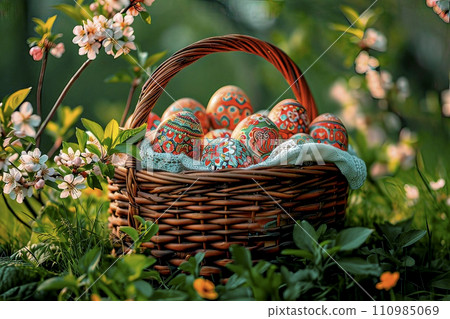 AI-generated content. A large wicker basket filled with colourful Easter eggs. AI-generated content. A large wicker basket filled with colourful Easter eggs. 110985069