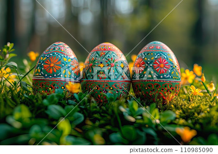 AI-generated content. Easter artwork with hand-painted Easter eggs in cheerful colours. 110985090