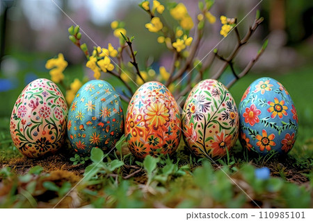 AI-generated content. The variously decorated Easter eggs stand in the grass outside. 110985101