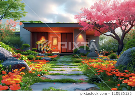 AI-generated content. Modern house in the suburbs with large garden for sale. 110985125