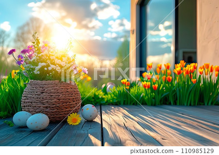 AI-generated content. A wooden terrace by the house, surrounded by flowers growing in the garden. 110985129