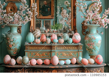 AI-generated content. A stylish interior with an old mirror in a gold frame. 110985153