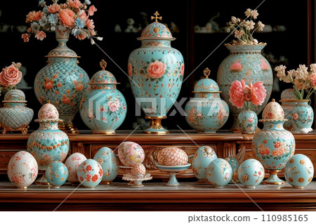 AI-generated content. A set of original porcelain in blue tones. 110985165