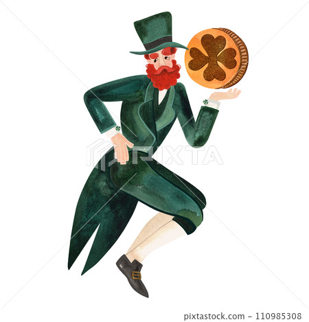 Leprechaun in a green suit and top hat. Symbol of Ireland. Red bearded man. Isolated watercolor illustration on white background. Character. 110985308