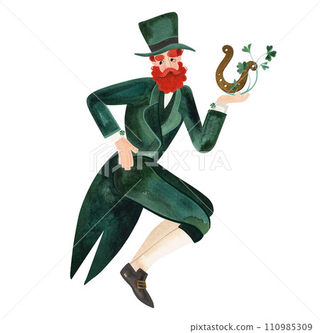 Leprechaun in a green suit and top hat. Symbol of Ireland. Red bearded man. Isolated watercolor illustration on white background. Character. 110985309