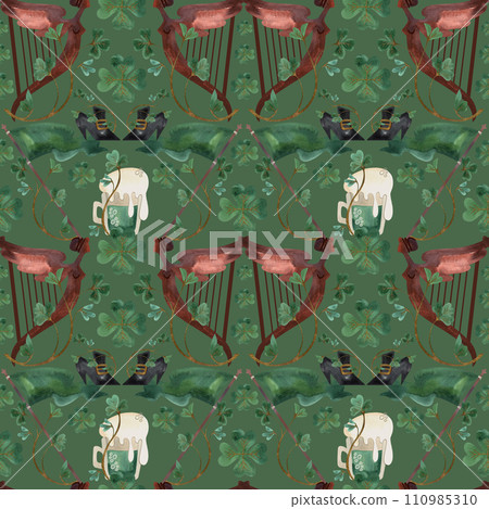 Seamless pattern with symbols of Ireland. Wrapping paper for St. Patrick's Day. Watercolor in vintage style on a green background. Seamless pattern with symbols of Ireland. Wrapping paper for St. Patrick's Day. Watercolor in vintage style on a green background. 110985310