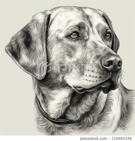Labrador Retriever, engraving style, close-up portrait, black and white drawing, cute hunting dog, favorite pet 110985348