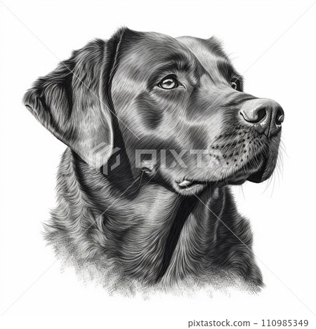 Labrador Retriever, engraving style, close-up portrait, black and white drawing, cute hunting dog, favorite pet Labrador Retriever, engraving style, close-up portrait, black and white drawing, cute hunting dog, favorite pet 110985349