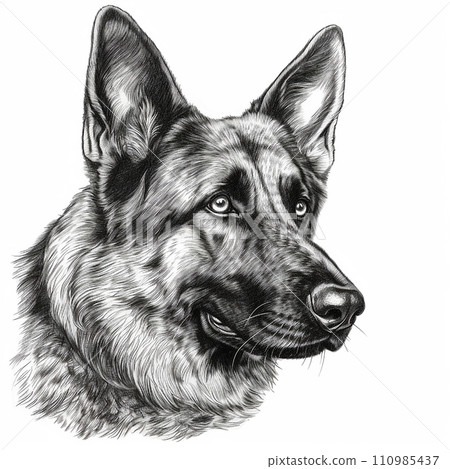 German Shepherd, engraving style, close-up portrait, black and white drawing, cute dog, favorite pet German Shepherd, engraving style, close-up portrait, black and white drawing, cute dog, favorite pet 110985437