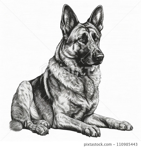 German Shepherd, engraving style, close-up portrait, black and white drawing, cute dog, favorite pet German Shepherd, engraving style, close-up portrait, black and white drawing, cute dog, favorite pet 110985443