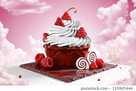 AI-generated content. a cupcake with white frosting and cherries on top 110985444
