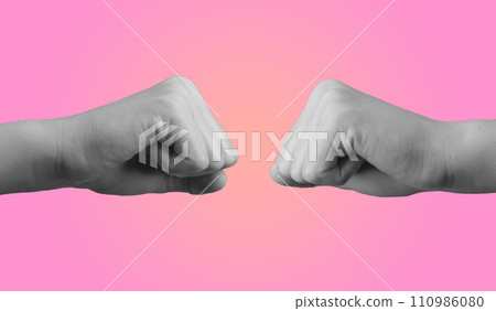 Women greeting with hands, fist bump gesture. Girls power, women partners, support, feminism concept 110986080