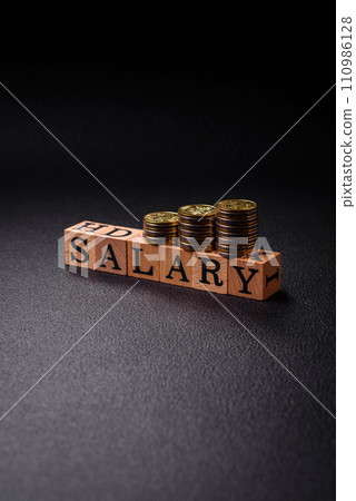 The inscription Salary made of wooden cubes on a plain background 110986128