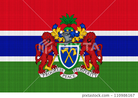 Flag and coat of arms of Republic of Gambia on a textured background. Concept collage. 110986167
