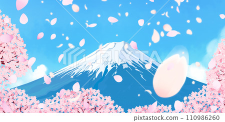 Mt. Fuji in spring with cherry blossoms and snow cap Mt. Fuji in spring with cherry blossoms and snow cap 110986260