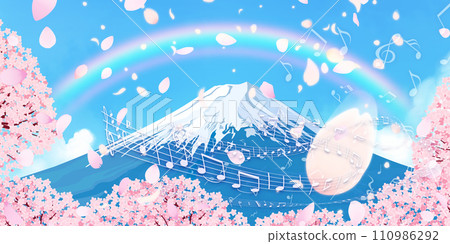 Mt. Fuji in spring with cherry blossoms and snow cap 110986292