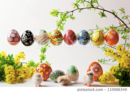 AI-generated content. Abstract Easter graphic with chickens and Easter eggs. 110986349