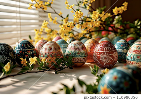 AI-generated content. Paint-painted Easter eggs dry on a windowsill by the window. 110986356