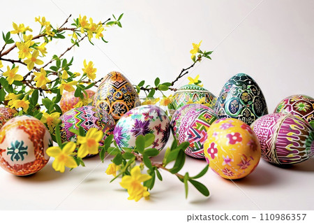 AI-generated content. Easter commemorative print with Easter eggs and forsythia. 110986357
