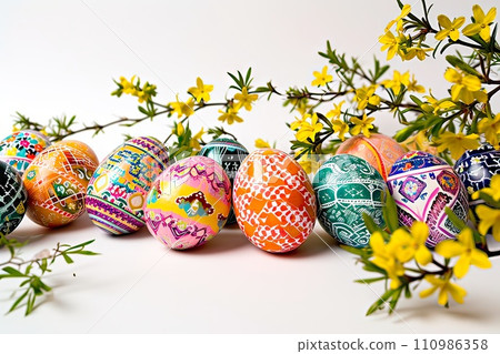 AI-generated content. Easter arrangement with Easter eggs and spring tree branches. 110986358