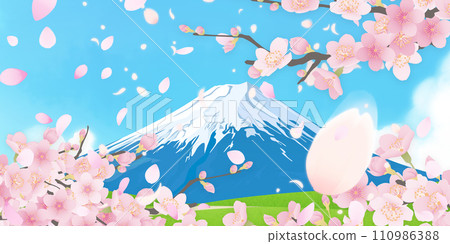 Mt. Fuji in spring with cherry blossoms and snow cap Mt. Fuji in spring with cherry blossoms and snow cap 110986388