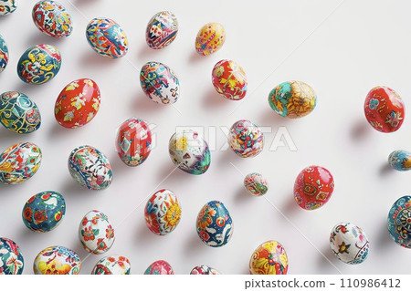 AI-generated content. Decorating Easter eggs by colouring them with paints. 110986412